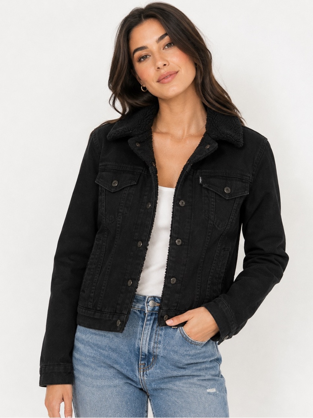 Levi’s Black Sherpa Lined Trucker Jacket Women’s Small
